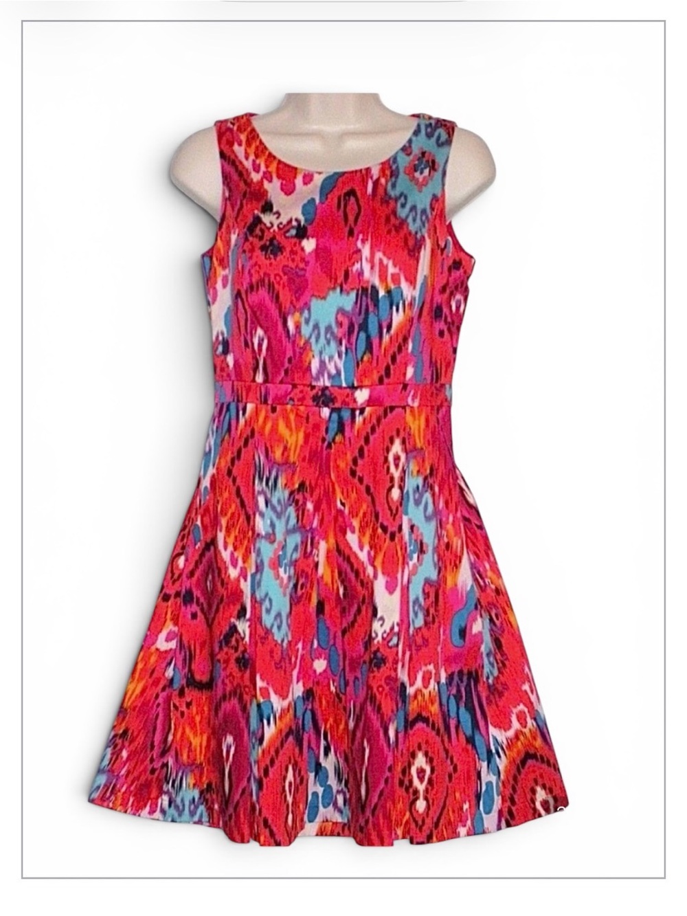 BADGLEY MISCHKA Sleeveless Party Dress. Vibrant Ikat Pattern.Sewn-in Waist Belt